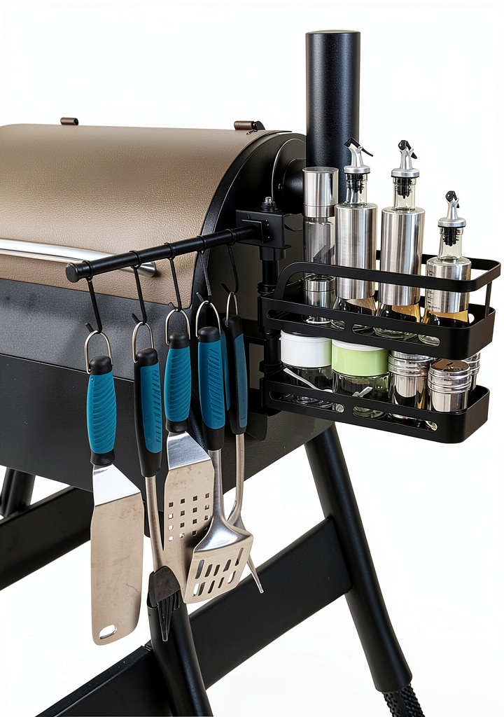 XOIEPZE rotating grill spice rack installed on a pellet smoker
