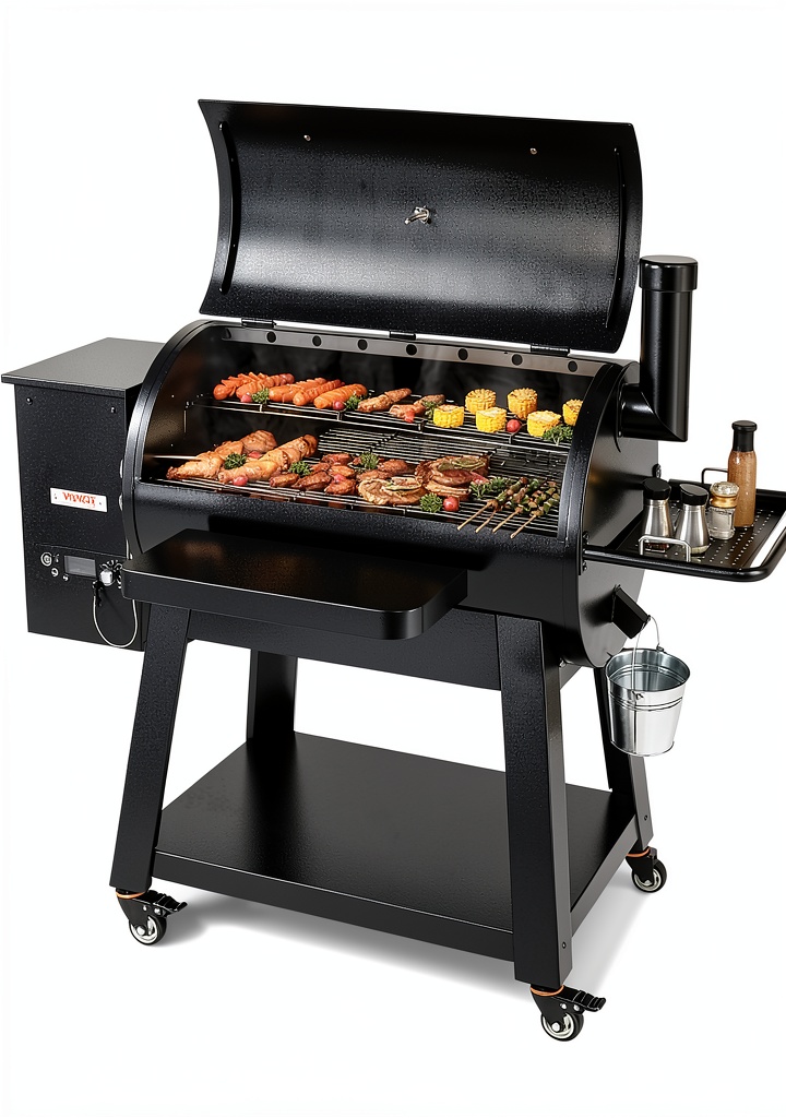 VEVOR charcoal grill setup in a backyard with food cooking