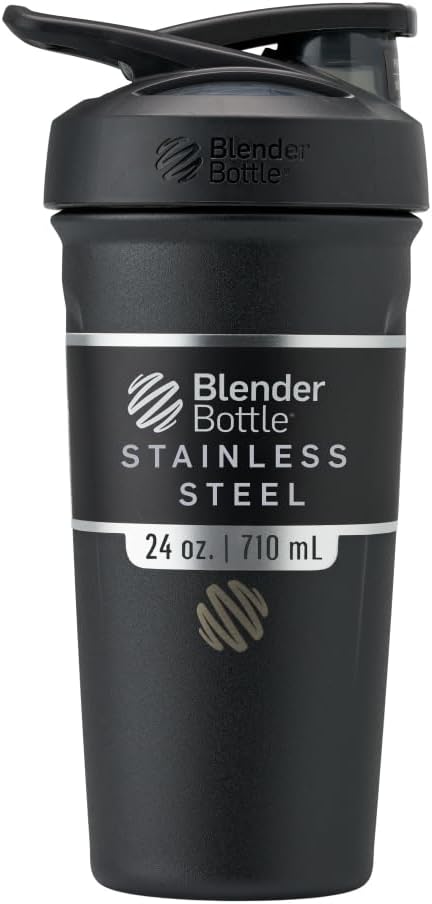 BlenderBottle stainless steel shaker in a gym bag