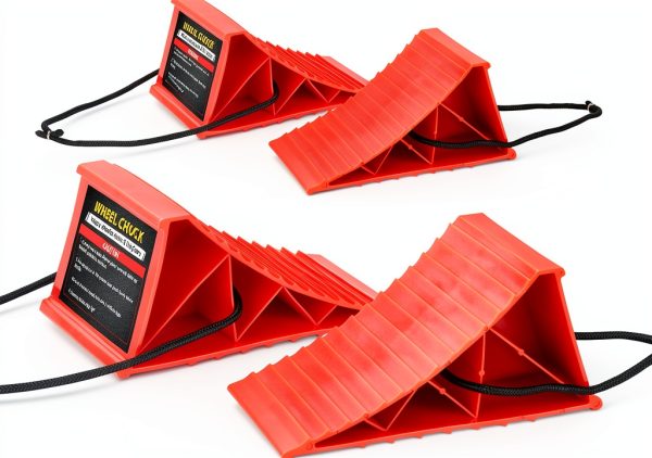 Wheel Chocks PAHTTO Heavy Duty 4‑Pack with Rope, Non‑Slip Plastic Red-0