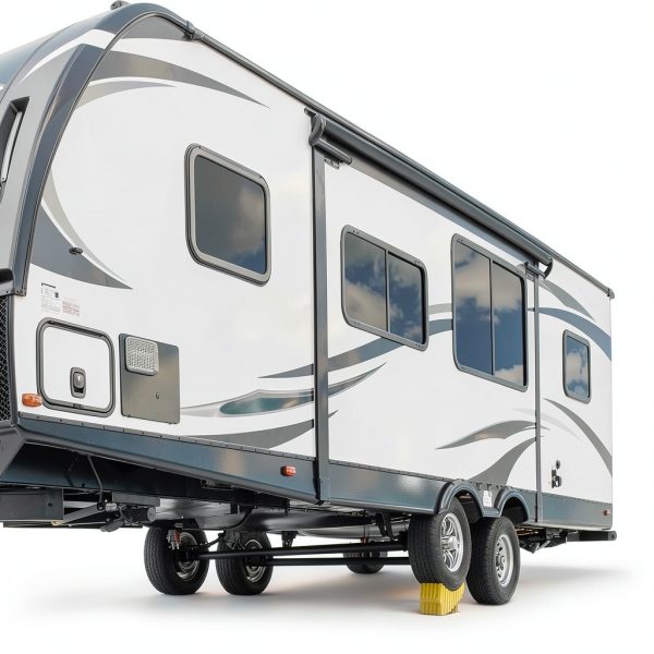 Camco Camper RV Curved Trailer Aid with Wheel Chock, Rubber Pad, 6.5"-7