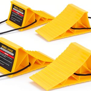 Wheel Chocks PAHTTO Heavy Duty Hard Plastic 4 Pack with Rope Yellow-0