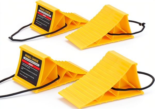 Wheel Chocks PAHTTO Heavy Duty Hard Plastic 4 Pack with Rope Yellow-0
