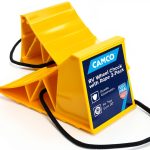 Camco Camper & RV Wheel Chock with Rope - Keeps Trailer in-Place to Safely Unhitch or Park - Compatible with Wheels Up to 26” in Diameter & Molded of Heavy-Duty Hard Plastic - 2-Pack - 44471-0