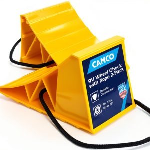 Camco Camper & RV Wheel Chock with Rope - Keeps Trailer in-Place to Safely Unhitch or Park - Compatible with Wheels Up to 26” in Diameter & Molded of Heavy-Duty Hard Plastic - 2-Pack - 44471-0