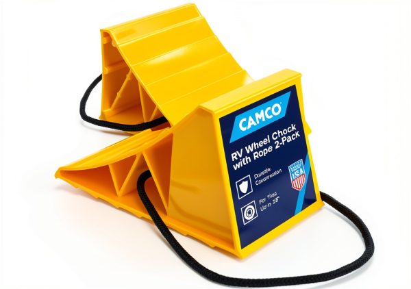 Camco Camper & RV Wheel Chock with Rope - Keeps Trailer in-Place to Safely Unhitch or Park - Compatible with Wheels Up to 26” in Diameter & Molded of Heavy-Duty Hard Plastic - 2-Pack - 44471-0