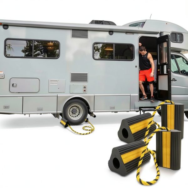 Wheel Chocks (2pair/4pack with Rope) for RV Trailer Camper Truck Car Aircraft, Versatile Heavy Duty Rubber Wheel Chocks Block with 3 Reflective Strips, Tire Wheel Immobilizers & Chocks-6